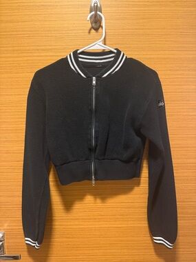 ALO Yoga Black Cropped Bomber with White Striped Trim